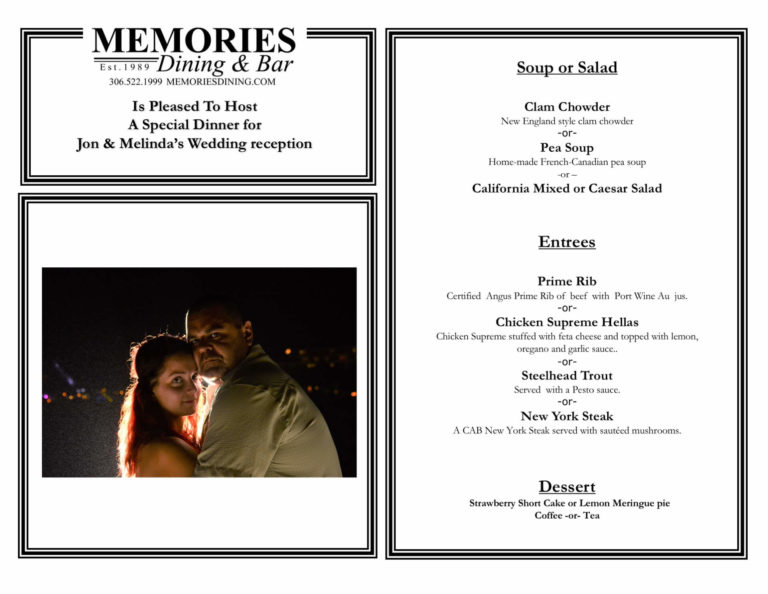 Special menu for Jon & Melinda's wedding reception.