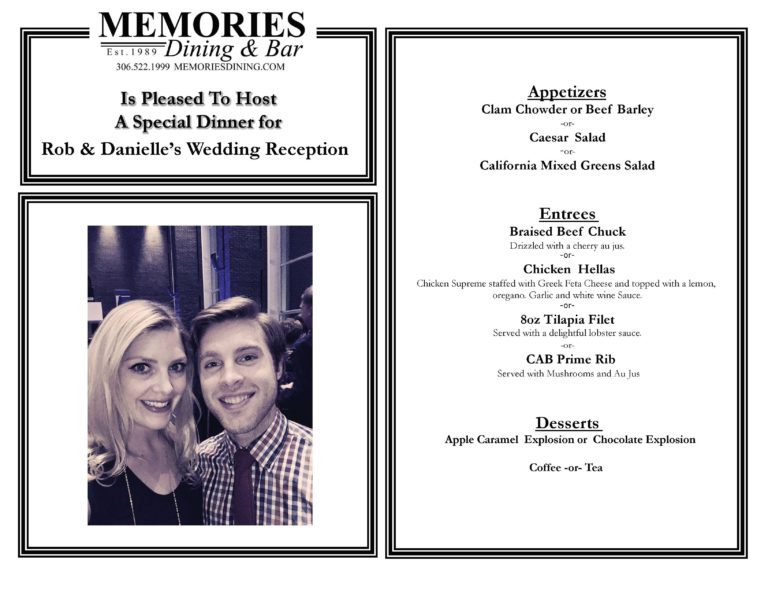 Special menu for Rob & Danielle's wedding reception.